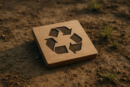Wooden block showing recycle symbols placed on natural soil ground.の素材