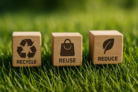 Wooden Blocks with Recycling Symbols on Vibrant Outdoor Grass Surface. Recycle, Reuse and Reduce concept.の素材