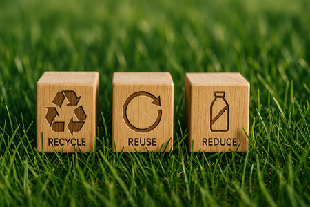 Wooden environmental icons highlighting recycle, reuse, and reduce principles in outdoor setting.の素材
