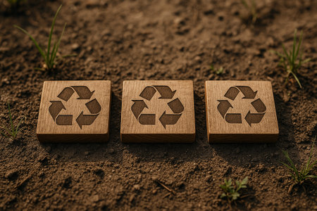 Wooden row depicting recycle concept aligned on green grass background.の素材