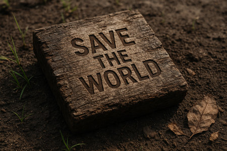 Save the world text on wooden block featuring. Environmental awareness concept.の素材