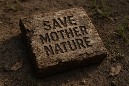 Save Mother Nature text on wooden block featuring. Environmental awareness concept.の素材