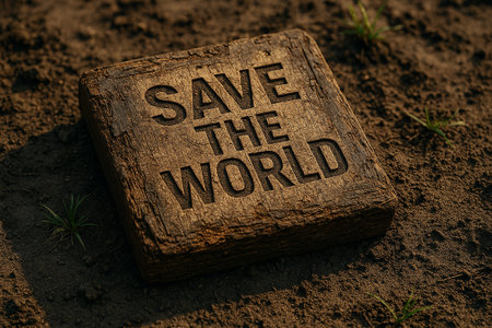 Save the world wooden block featuring recycle, reuse, and reduce text for environmental awarenessの素材