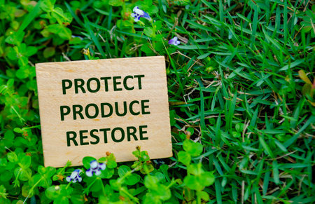 PROTECT, PRODUCE, RESTORE, Wooden cube with conservation message placed on grass background advocating environmental protection and restoration.の写真素材