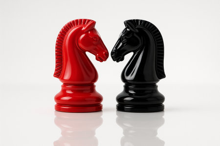 Glossy Chess Knights, glossy red and black knights with pawns arranged in opposition on seamless white backdrop with bright lighting.の素材