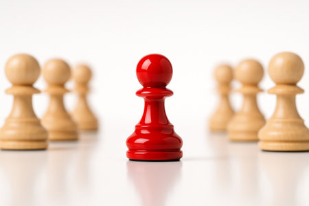 Glossy Red Pawn, glossy red pawn opposite another red pawn among light wood pawns in perfect symmetrical formation.の素材