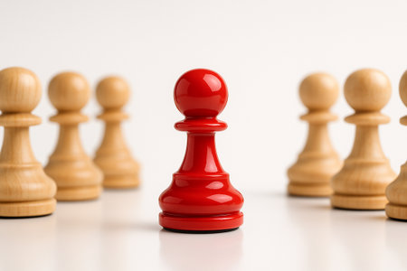 Glossy Red Pawn, single glossy red pawn centered between two rows of light wood pawns on white background with bright lighting.の素材