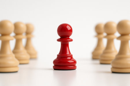 Glossy Red Pawn, single glossy red pawn before rows of light wood pawns on seamless white backdrop symbolizing individuality.の素材