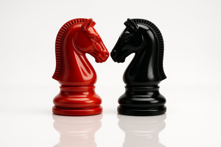 Glossy Chess Knights, red and black glossy knights with pawns in tense standoff on high-key white surface for strong visual contrast.の素材