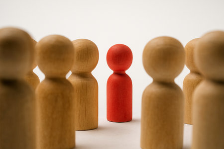 Focus on red wooden doll surrounded by other wooden dolls. Focus concept.の素材