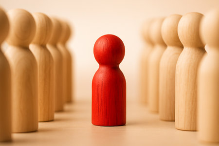 Red Peg, glossy red peg between two rows of smooth light wood pegs on white surface with clean bright studio lighting.の素材
