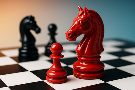 Glossy Chess Knights, close-up of red and black knights with pawns on chessboard under high contrast lighting to show texture.の素材
