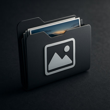 Black folder with white photo icon of mountains and sun in minimalist monochrome style.の素材