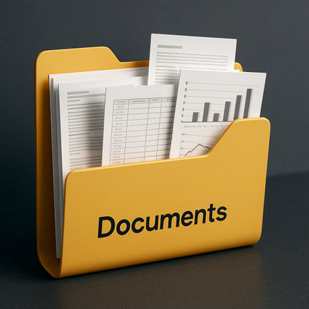 Yellow folder with white papers and black label Documents in professional 3D styleの素材