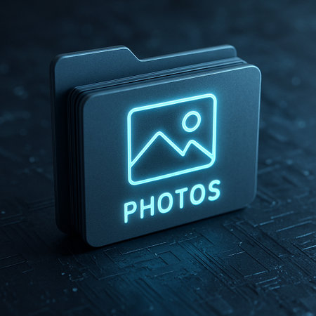 PHOTOS, Blue folder with white photo icon and uppercase label PHOTOS in vibrant 3D design.の素材