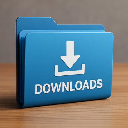 Blue folder with bold arrow and uppercase text DOWNLOADS on wooden surface in clean 3D design.の素材