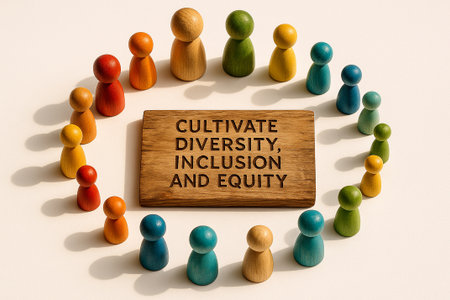 Multicolored wooden peg figurines standing behind a central wooden banner with gaps, representing diversity, inclusion, and equity.の素材