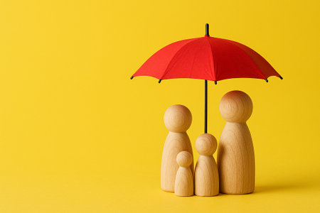 Three wooden family figurines under a red umbrella on yellow background representing security, insurance, and protection.の素材
