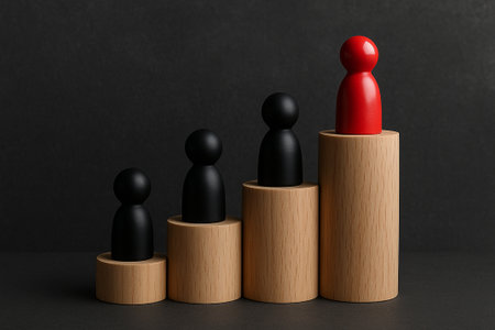 A red wooden figurine elevated in front of smaller black figurines symbolizing dominance, control, or power imbalance.の素材