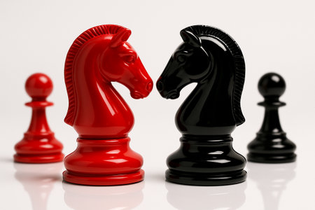 Red knight standing beside black knight on glossy neutral background.の素材