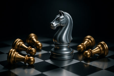Silver knight with golden pawns positioned on reflective dark surface.の素材