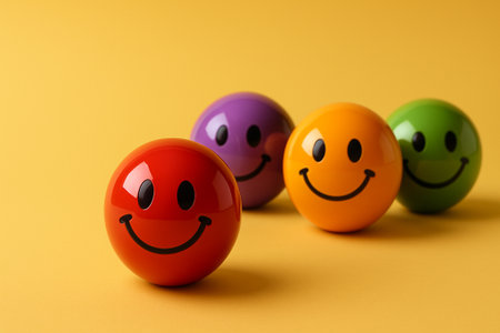 Vibrant collection of multicolored smiley spheres representing harmony and unity as a visual metaphor for diversity, inclusion, and equityの素材