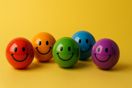 Multicolored smiling spheres positioned in alignment to depict mutual respect, representation, and equitable opportunities in diverse spaces.の素材