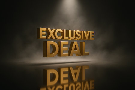 EXCLUSIVE DEAL in gold 3D letters on black background symbolizing premium and limited retail offer concept.の素材