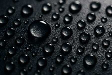 Macro view of transparent water droplets on a matte black surface forming distinct patterns with sharp clarity.の写真素材