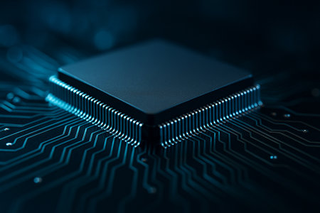 A macro view of a luminous microprocessor core with detailed circuitry glowing in futuristic digital blue highlights.の素材