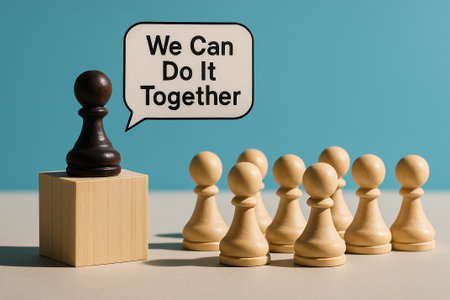 We Can Do It Together, Pawns facing leader figure showing motivational leadership and empowerment of teams.の素材