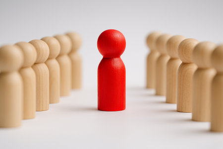 A red pawn between two rows of wooden pawns symbolizing balance, guidance, and leadership influence in structured teams.の素材