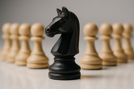 A black Knight chess piece in front of pawns representing guidance, wisdom, and strong leadership direction.の素材