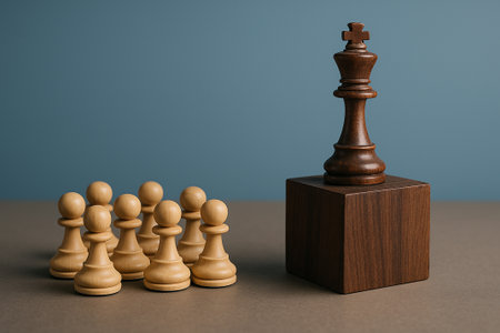 A dark brown king chess piece on a wooden cube with pawns below representing authoritative leadership recognition.の素材