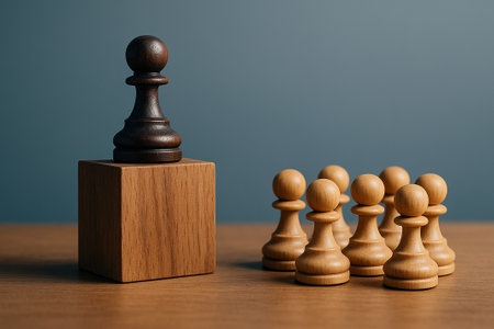 A black pawn chess on a pedestal with pawns below representing authoritative leadership recognition.の素材