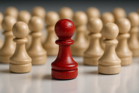 A red pawn leading pawns in line symbolizing visionary leadership guiding followers to a common goal.の素材