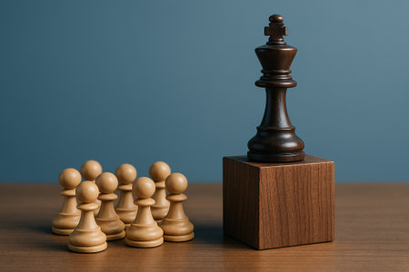 A king chess piece on a wooden cube with pawns below representing authoritative leadership recognition.の素材