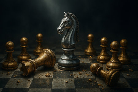 Another dramatic black knight with pawns arrangement symbolizing determination, resilience, and strong leadership under pressure.の素材
