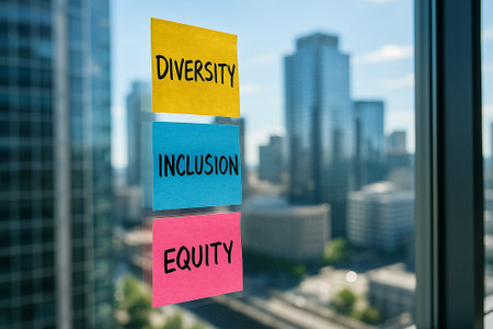 Post it notes with diversity, inclusion, and equity on office window, symbolizing open visibility of workplace values.の素材