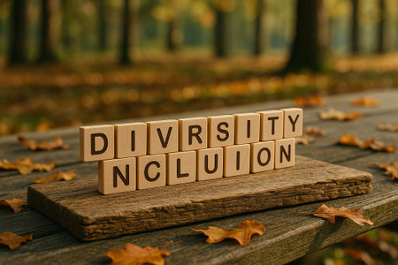 Wooden blocks with text diversity, inclusion, and equity displayed, representing structured foundation of equal opportunity.の素材