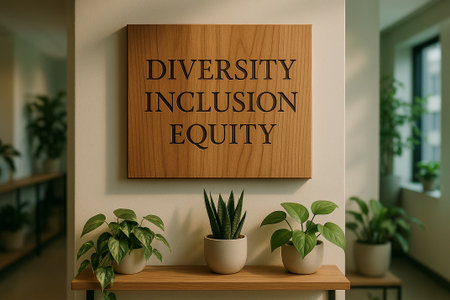 Straight view of diversity, inclusion and equity text on wooden banner.の素材
