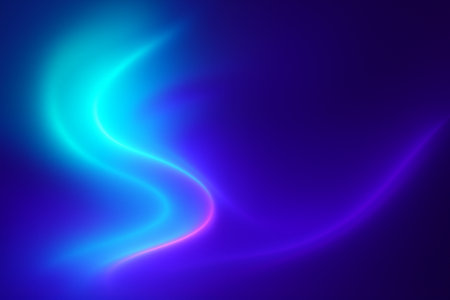 Neon blue and purple wave-like curve resembling an aurora across a dark background.の素材