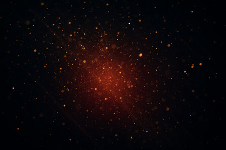 Dark cosmic swirling streaks of red glowing specks forming curved star like trails.の素材