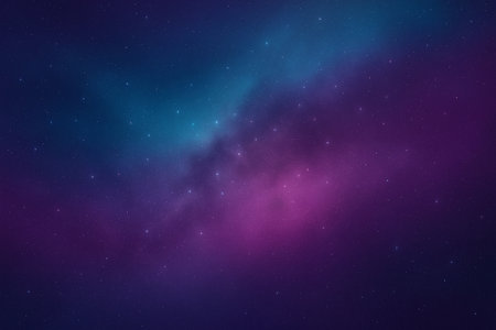 Cosmic dark texture with faint purple and teal glowing star-like specks in spaceの素材