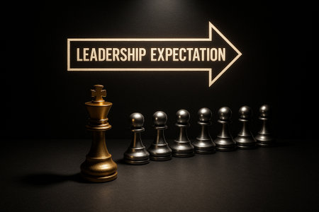 A chess pawn line with a glowing leader piece labeled leadership expectation leading the others symbolizing guidance and directionの素材