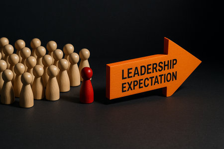 A crowd of golden pawns facing a glowing arrow labeled leadership expectation symbolizing direction and collective progressの素材