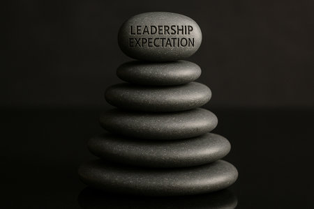 Black stone pyramid stack with the top stone engraved leadership expectation symbolizing balance and strong foundation in leadership expectationsの素材