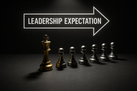 A group of chess pawns with leadership expectation text in front of a highlighted leader piece symbolizing vision and authorityの素材
