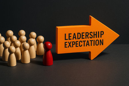 Golden pawns facing a glowing arrow labeled leadership expectation symbolizing direction and collective progressの素材