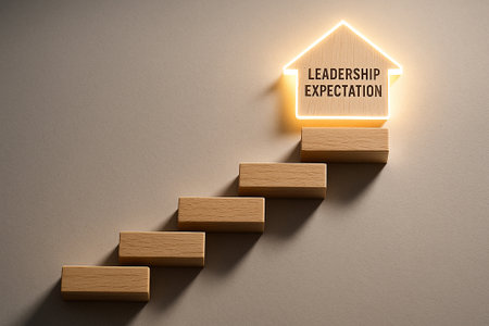 Straight view of wooden steps ascending with the words leadership expectation. Leadership concept.の素材